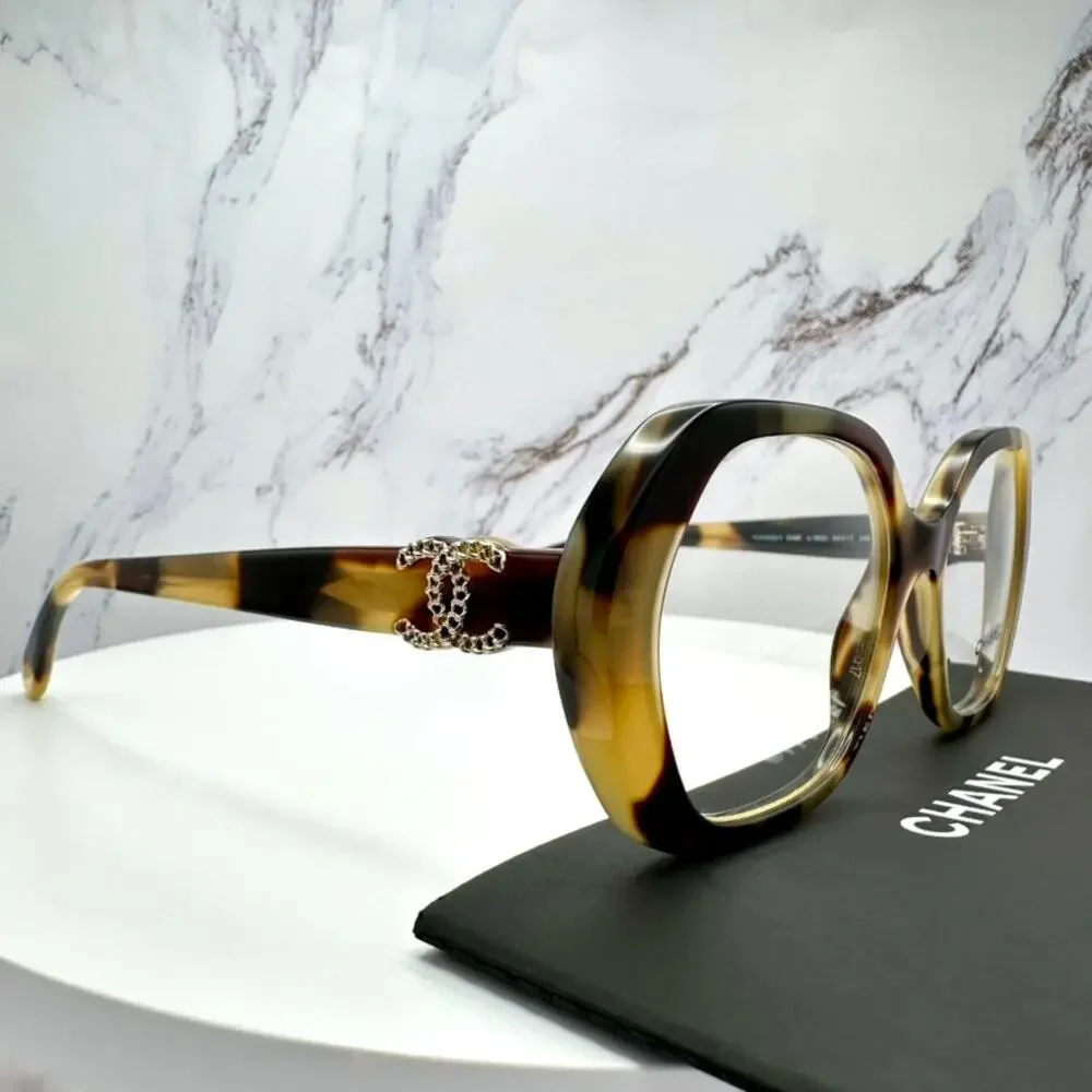New CHANEL Eyeglasses Brown Gold Chain CC Square Acetate Womens - Picture 3 of 16